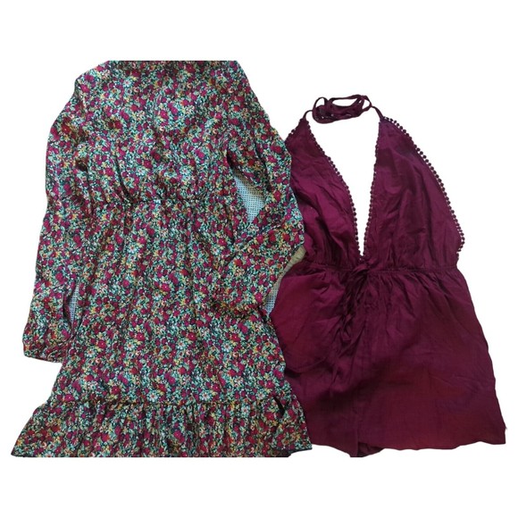 Bundle Shein Romper Burgundy Red Halter   Shorts & Floral Midi Dress Size Medium - Picture 1 of 14